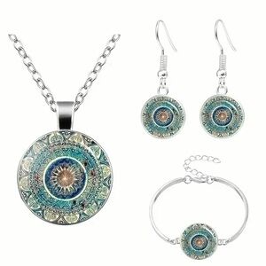 Bohemian Mandala Jewelry Set in Blue and Silver